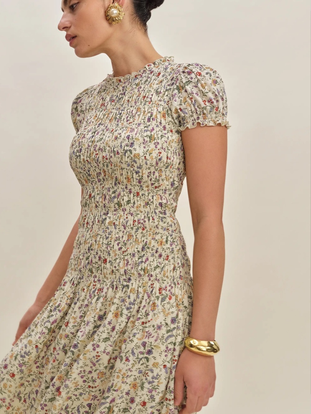 Reformation Cream Floral Smocked Puff-Sleeve Midi Dress